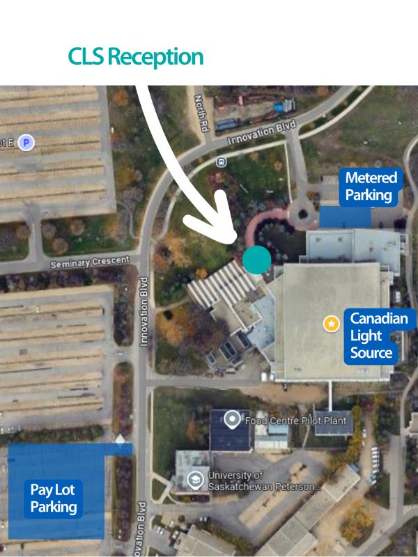 Map displaying location of CLS entrance and parking lots.